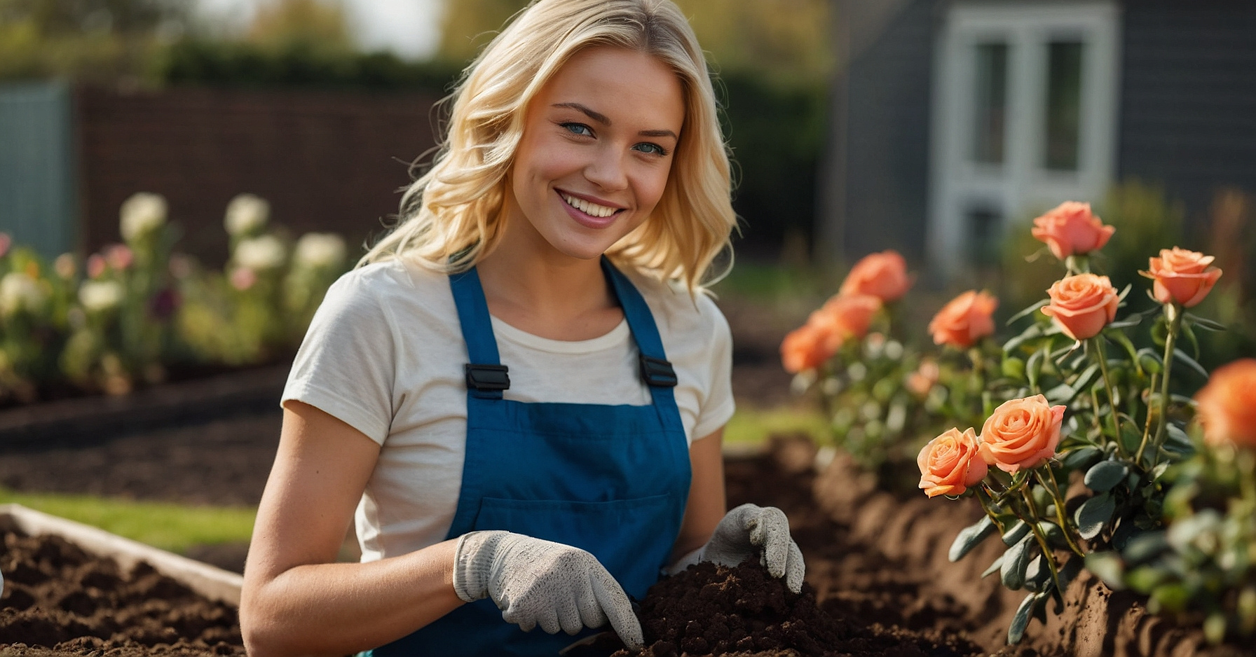 Jardim iniciante com plantas pequenas e rosas, mulher com um par de luvas de jardinagem e uma pá pequena preparando o solo.